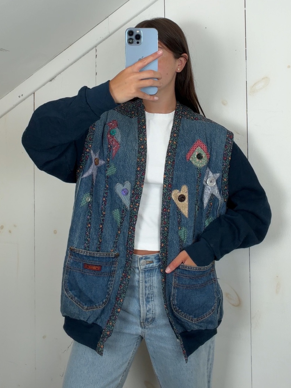 Vintage Wrangler Patchwork Denim Vest Sweatshirt Open Front Jacket Women’s XL